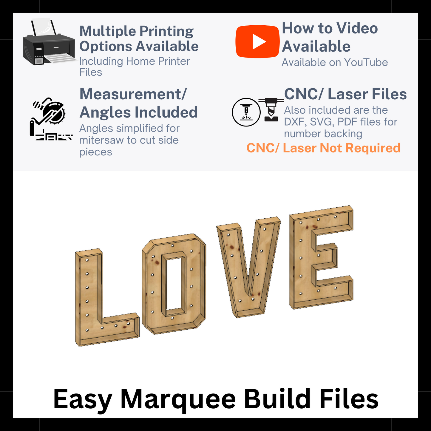 Marquee Package (Love) Full Measurement Plans 4 ft Tall Directions Digital Download