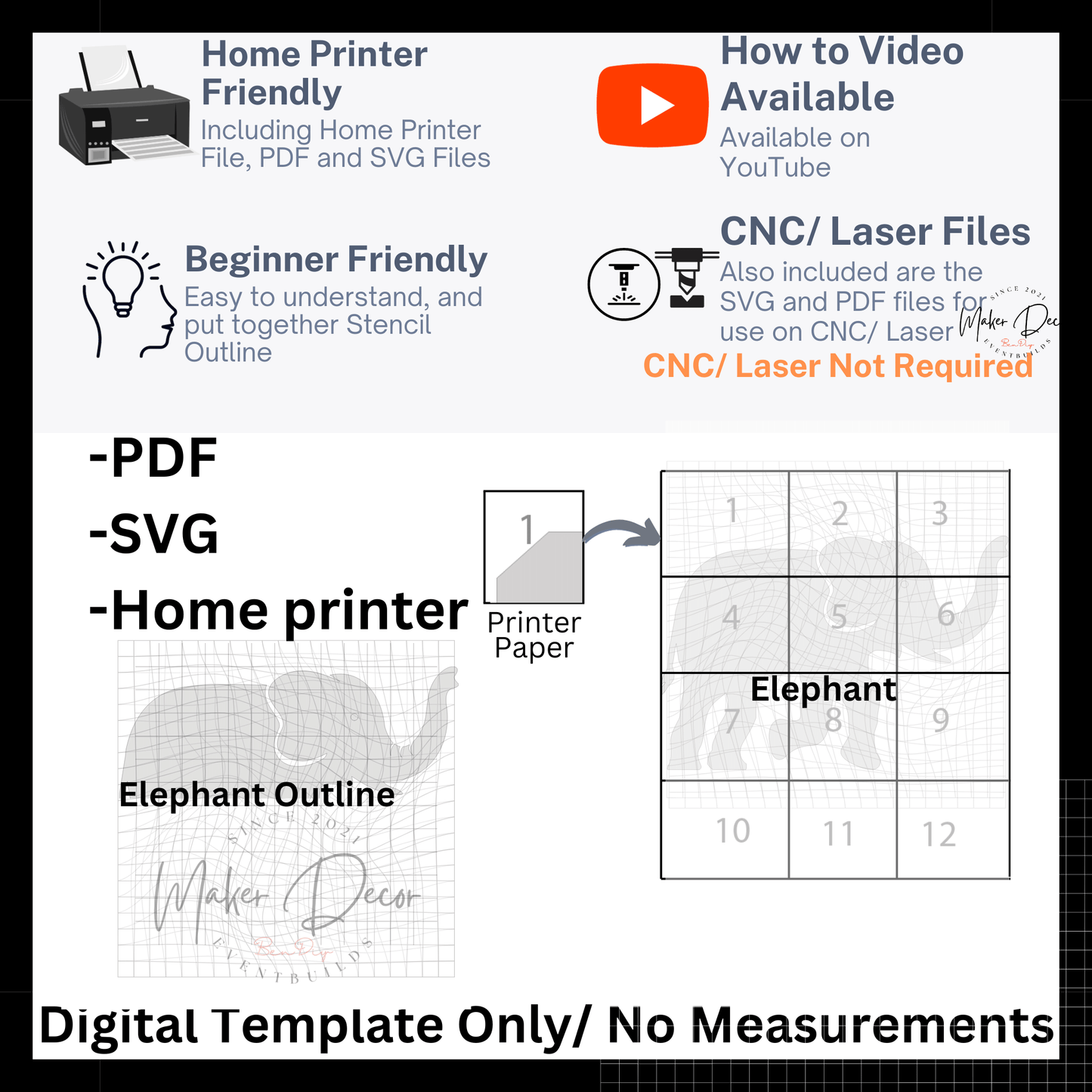 Elephant 2ft Tall Template and SVG File