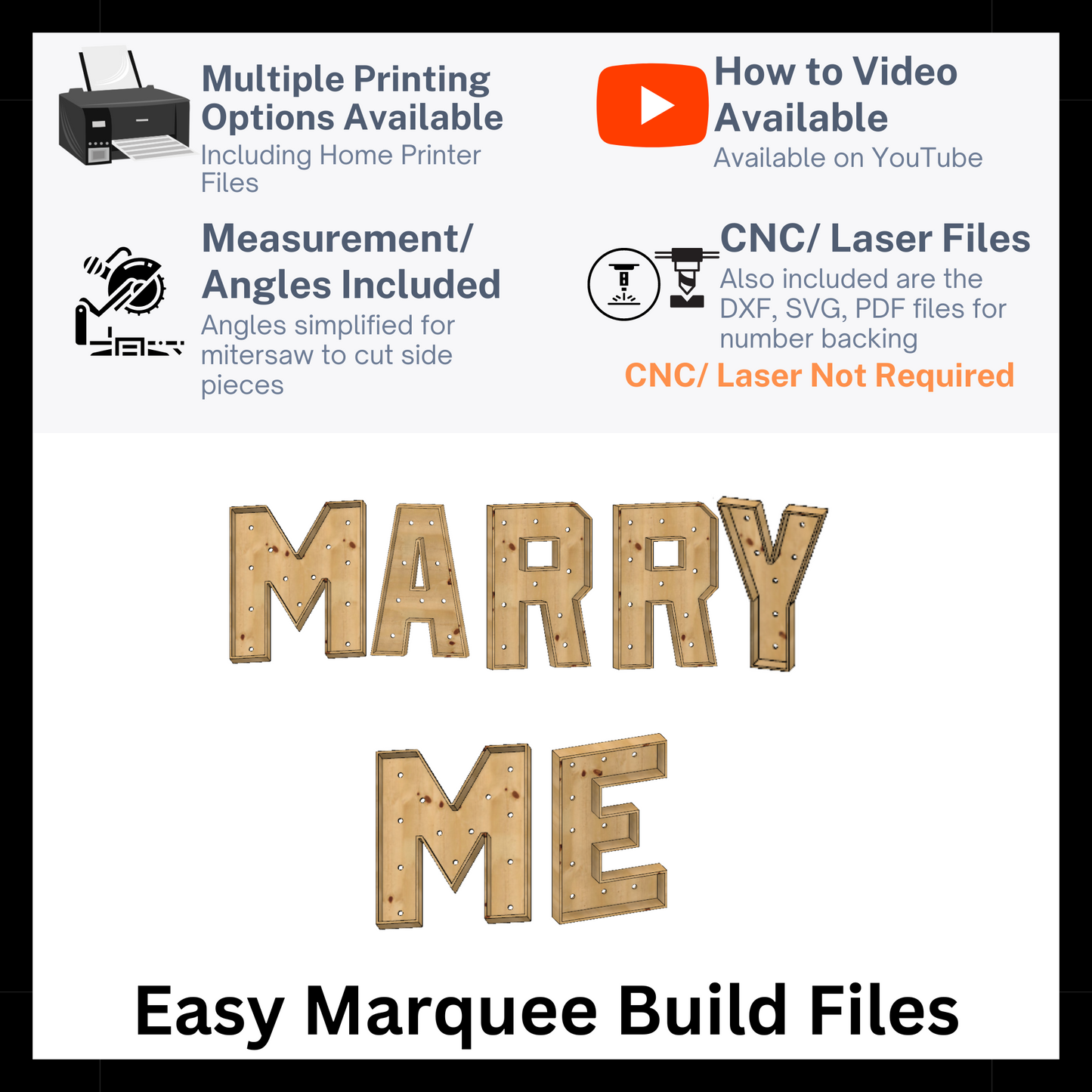 Marquee Package (MARRY ME) Full Measurement Plans 4ft Tall Directions Digital Download