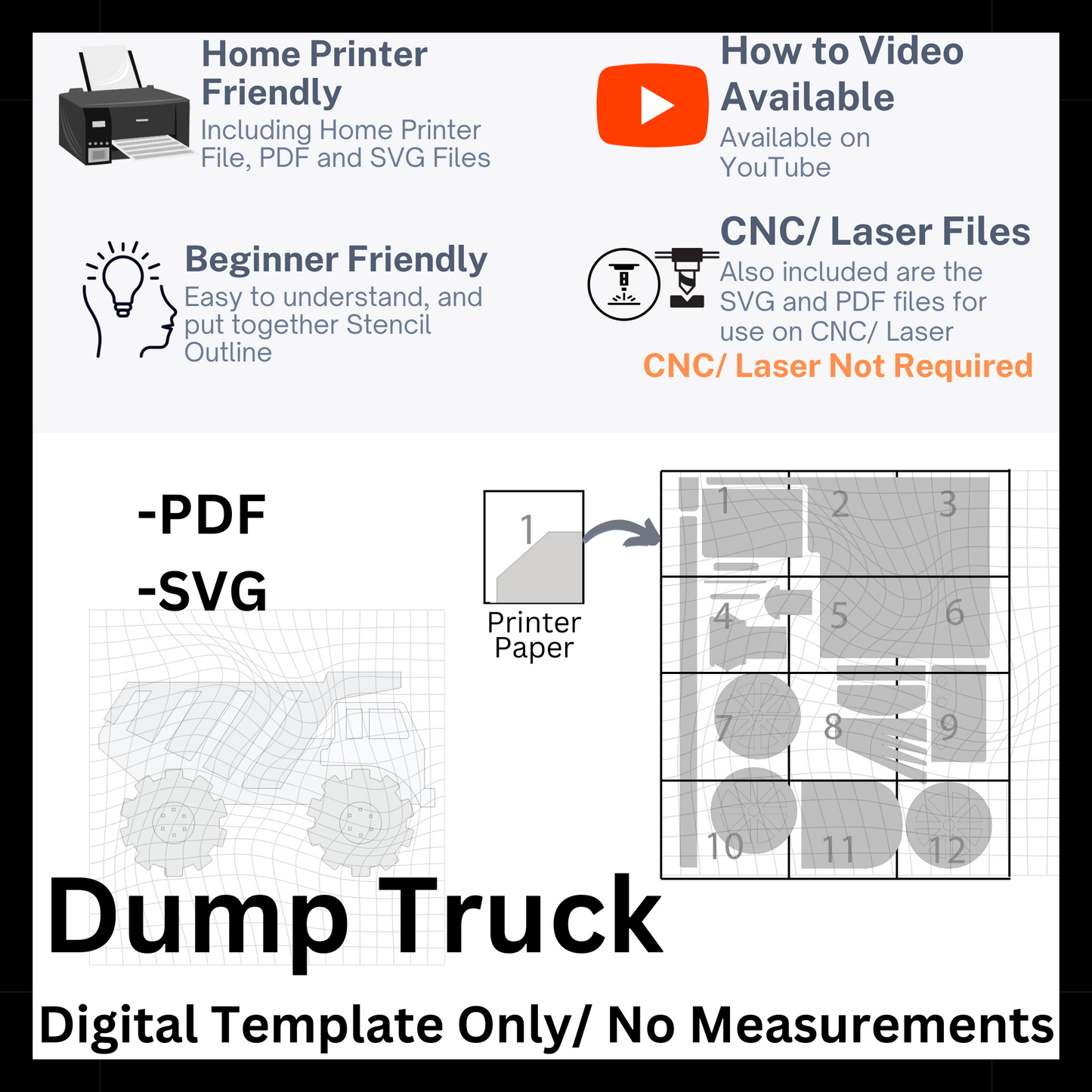 Dump Truck Template in PDF and SVG Files